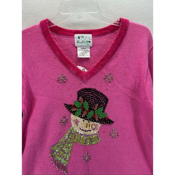 New Quacker Factory Pink Snowman Sequin Ugly Christmas Sweater S Holiday Y2K - Picture 7 of 12